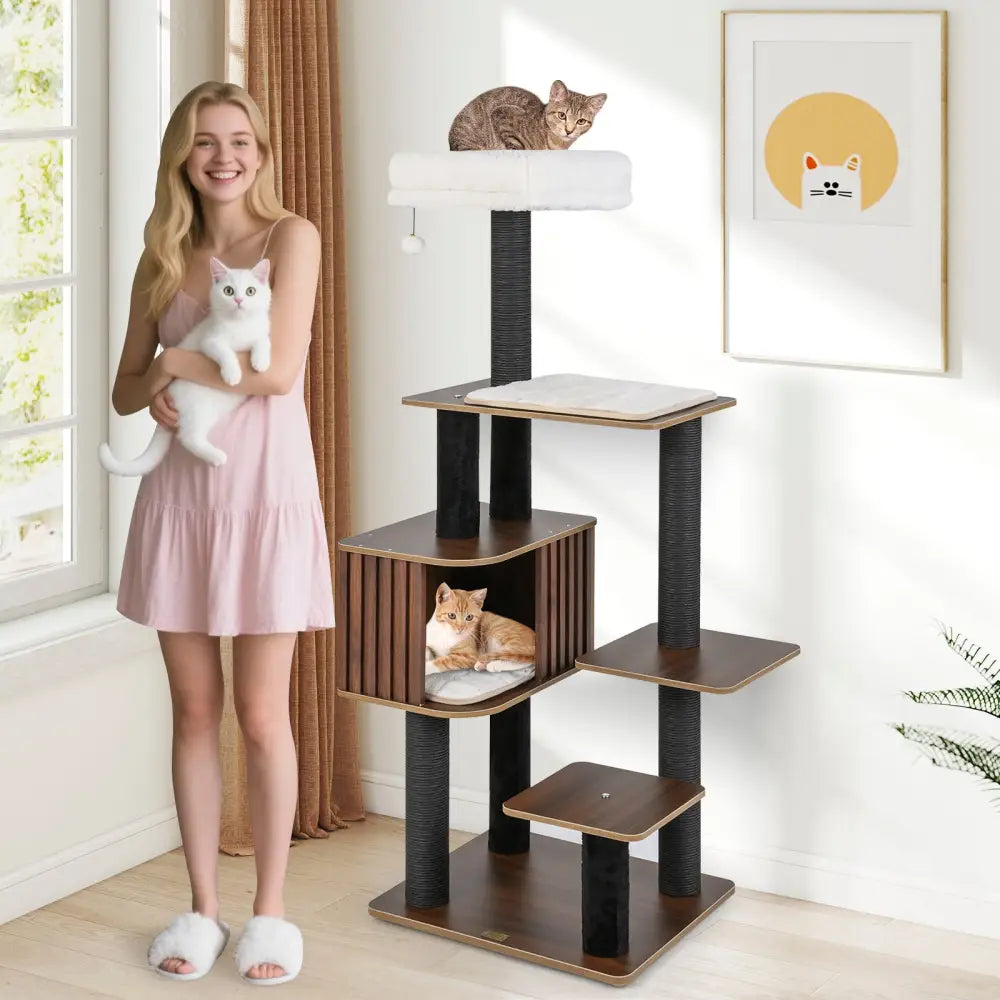 Multi-level Cat Tree for Indoor Cat 59.5 inch Tall Cat Tower with Cushion Top Perch-Brown - Brown - Cat Trees Condos &