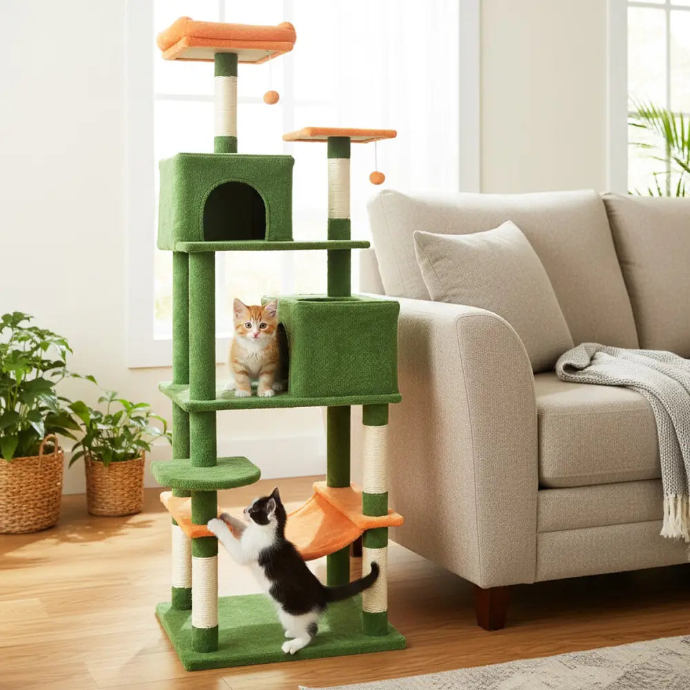 Multi-level Cat Tree Modern Cat Tower with Upholstered Perch and 2 Cat Condo-Green - Green - Cat Trees Condos &