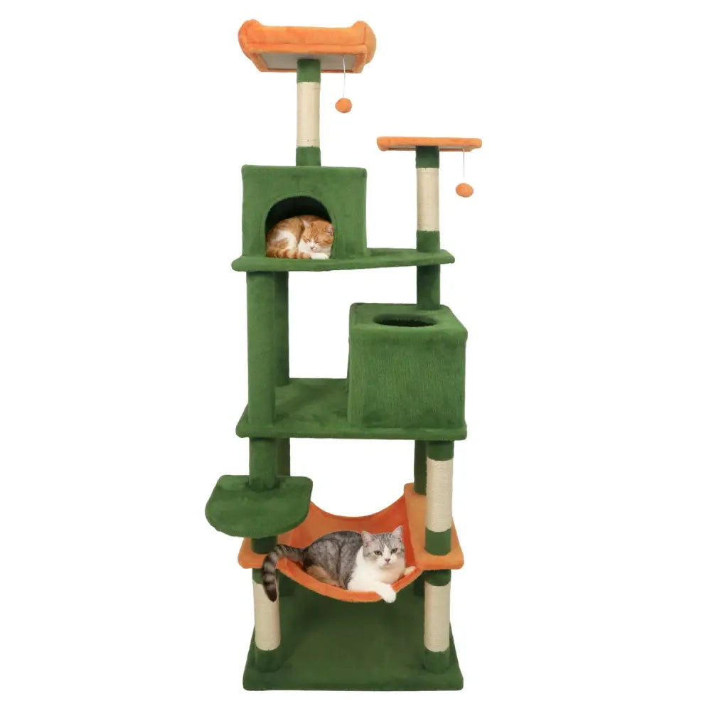 Multi-level Cat Tree Modern Cat Tower with Upholstered Perch and 2 Cat Condo-Green - Green - Cat Trees Condos &