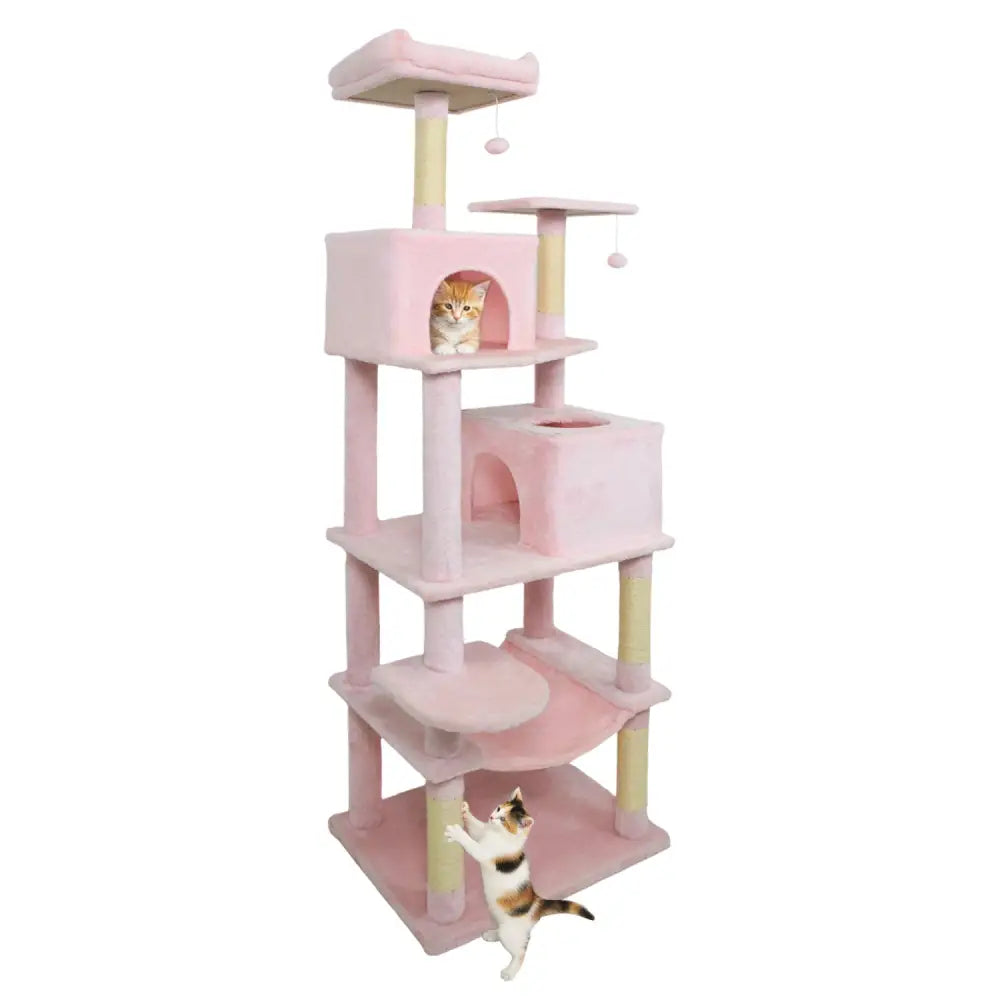 Multi-level Cat Tree Modern Cat Tower with Upholstered Perch and 2 Cat Condo-Pink - Pink - Cat Trees Condos & Scratchers