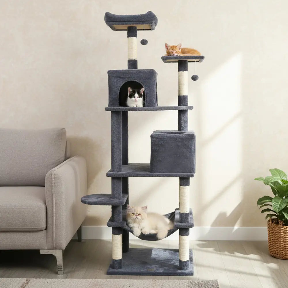 Multi-level Cat Tree Modern Cat Tower with Upholstered Perch and 2 Cat Condo-Dark Gray - Dark Gray - Cat Trees Condos &