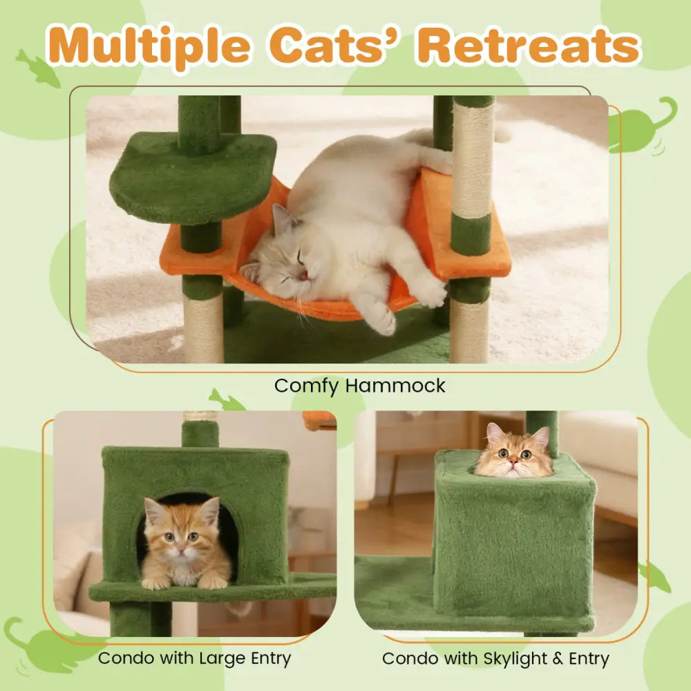 Multi-level Cat Tree Modern Cat Tower with Upholstered Perch and 2 Cat Condo-Green - Green - Cat Trees Condos &