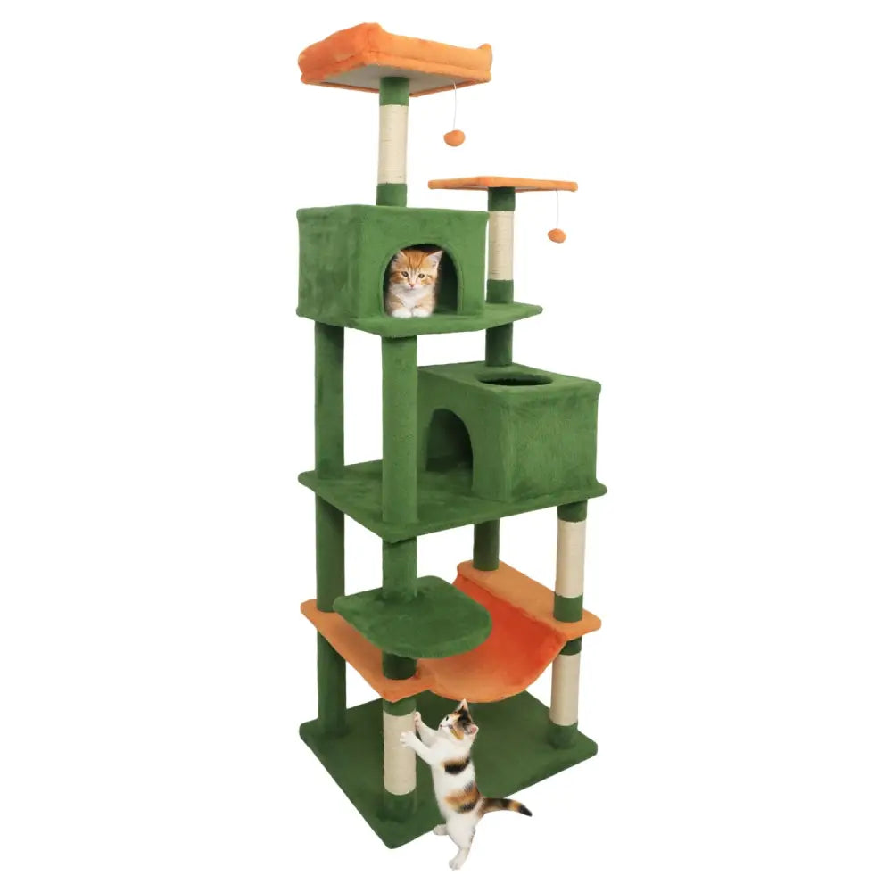 Multi-level Cat Tree Modern Cat Tower with Upholstered Perch and 2 Cat Condo-Green - Green - Cat Trees Condos &