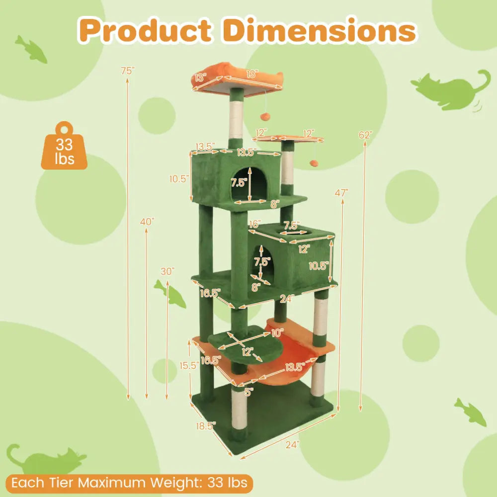 Multi-level Cat Tree Modern Cat Tower with Upholstered Perch and 2 Cat Condo-Green - Green - Cat Trees Condos &