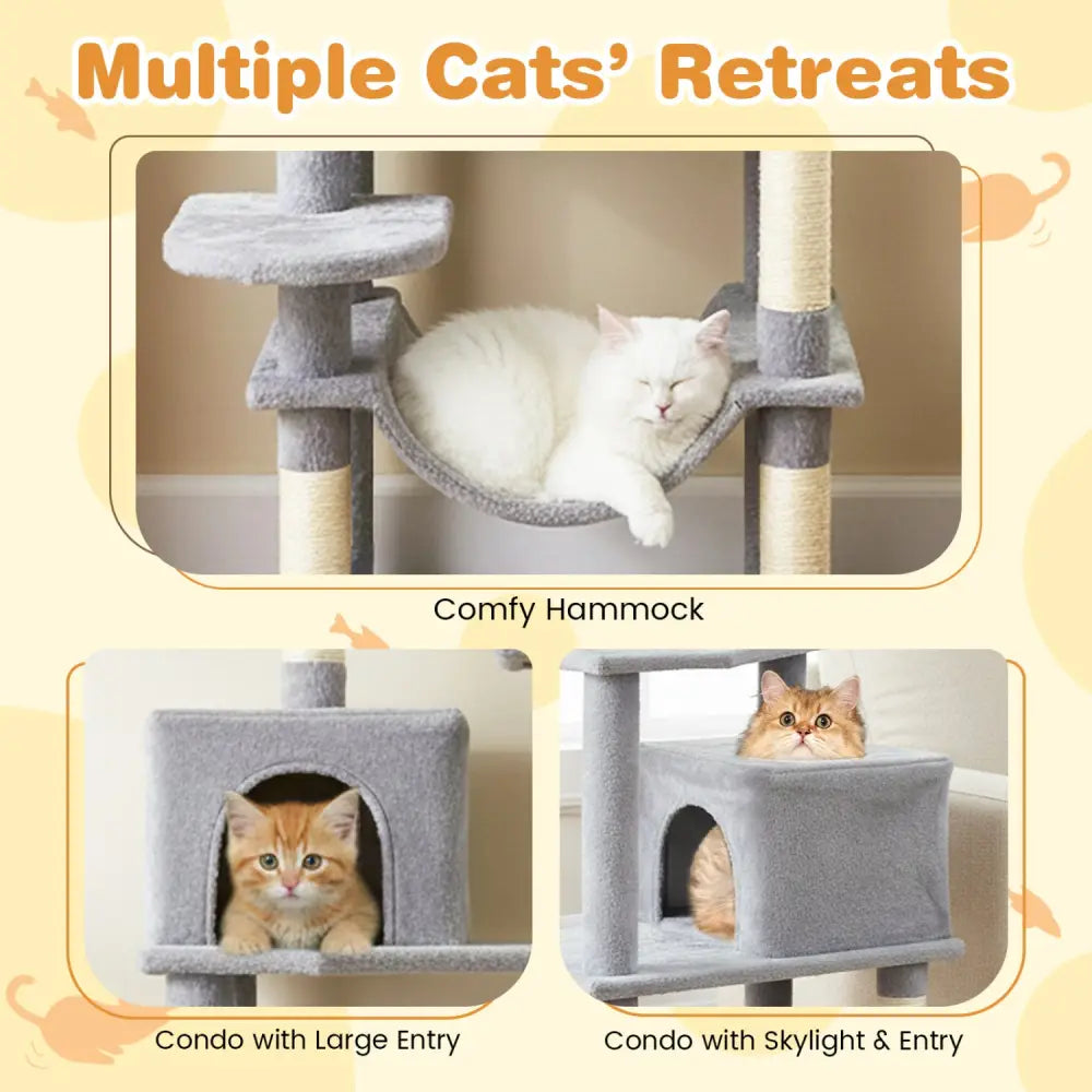 Multi-level Cat Tree Modern Cat Tower with Upholstered Perch and 2 Cat Condo-Gray - Gray - Cat Trees Condos & Scratchers