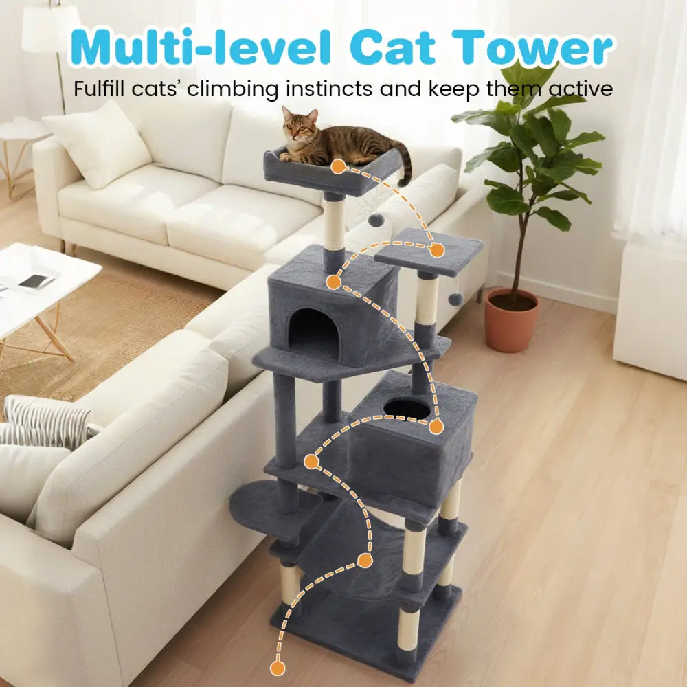 Multi-level Cat Tree Modern Cat Tower with Upholstered Perch and 2 Cat Condo-Dark Gray - Dark Gray - Cat Trees Condos &