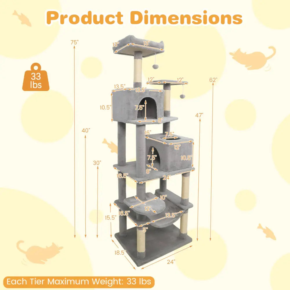 Multi-level Cat Tree Modern Cat Tower with Upholstered Perch and 2 Cat Condo-Gray - Gray - Cat Trees Condos & Scratchers
