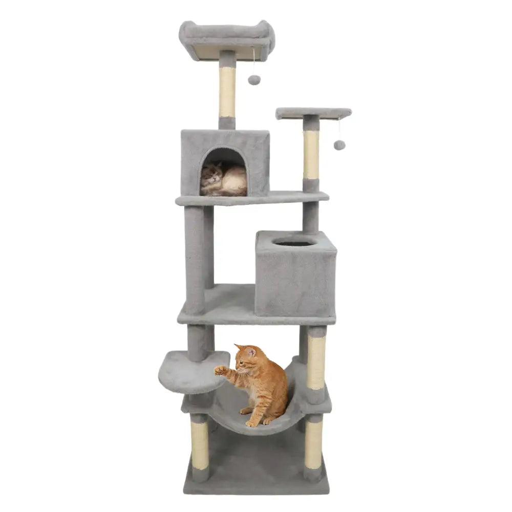 Multi-level Cat Tree Modern Cat Tower with Upholstered Perch and 2 Cat Condo-Gray - Gray - Cat Trees Condos & Scratchers