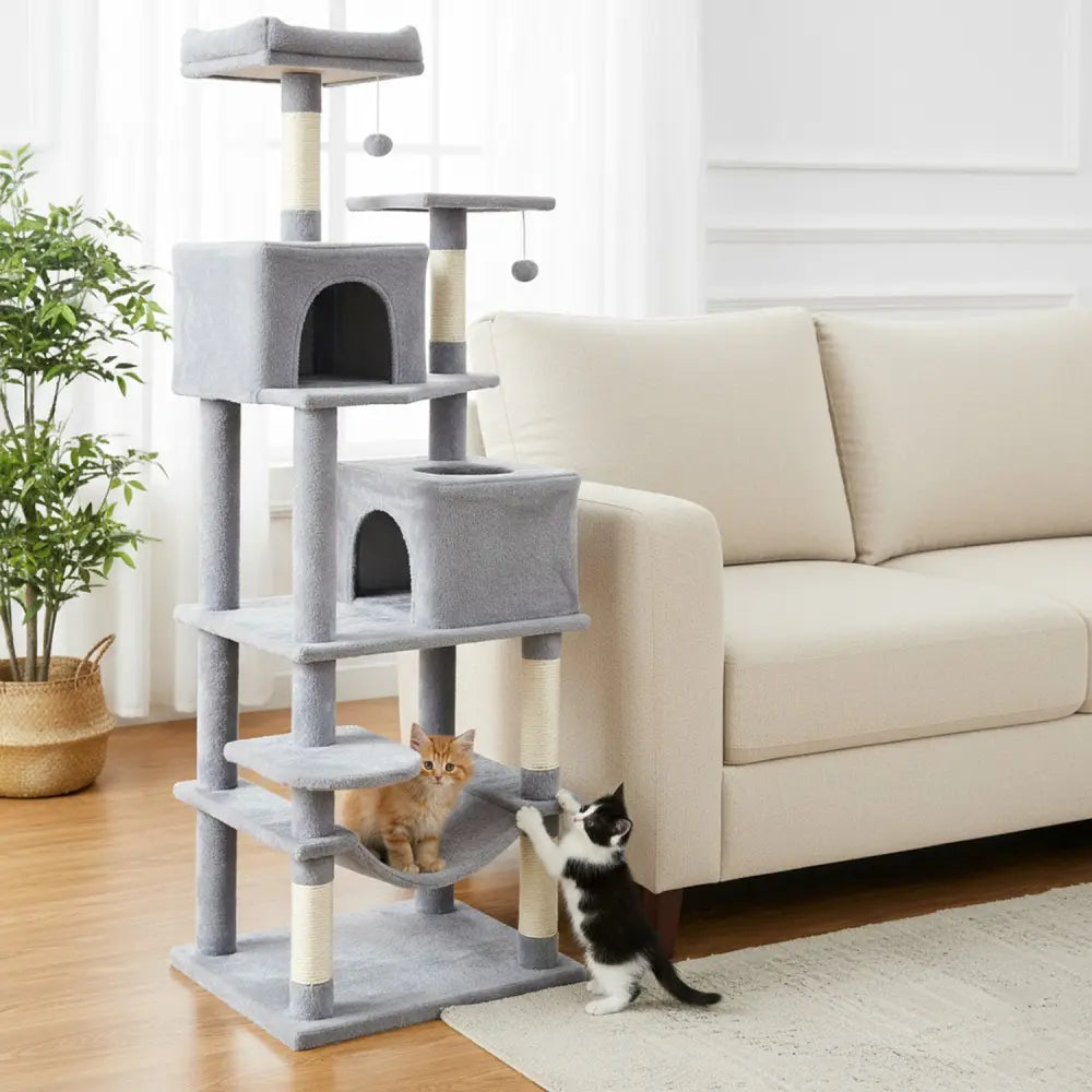 Multi-level Cat Tree Modern Cat Tower with Upholstered Perch and 2 Cat Condo-Gray - Gray - Cat Trees Condos & Scratchers