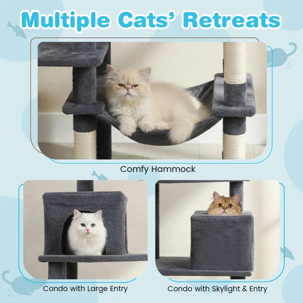 Multi-level Cat Tree Modern Cat Tower with Upholstered Perch and 2 Cat Condo-Dark Gray - Dark Gray - Cat Trees Condos &