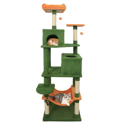 Multi-level Cat Tree Modern Cat Tower with Upholstered Perch and 2 Cat Condo-Green - Green - Cat Trees Condos &