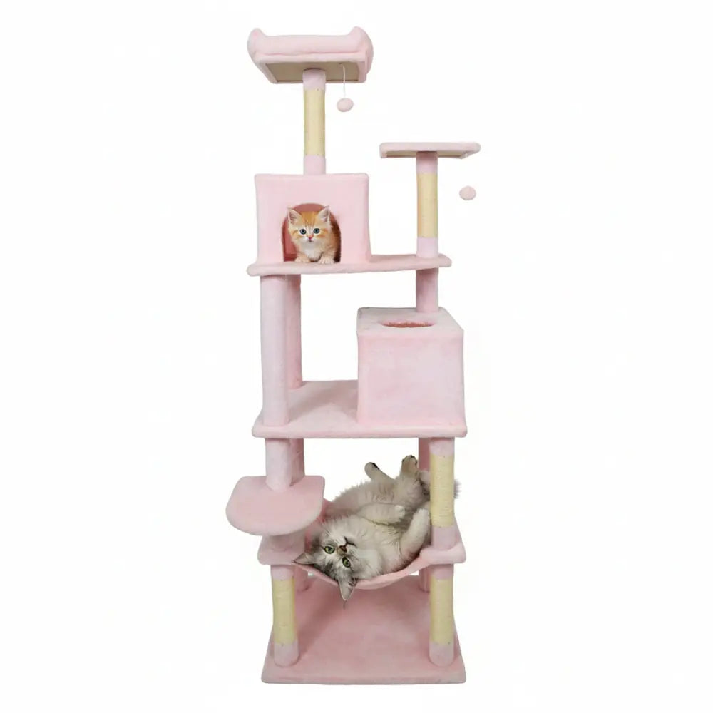 Multi-level Cat Tree Modern Cat Tower with Upholstered Perch and 2 Cat Condo-Pink - Pink - Cat Trees Condos & Scratchers