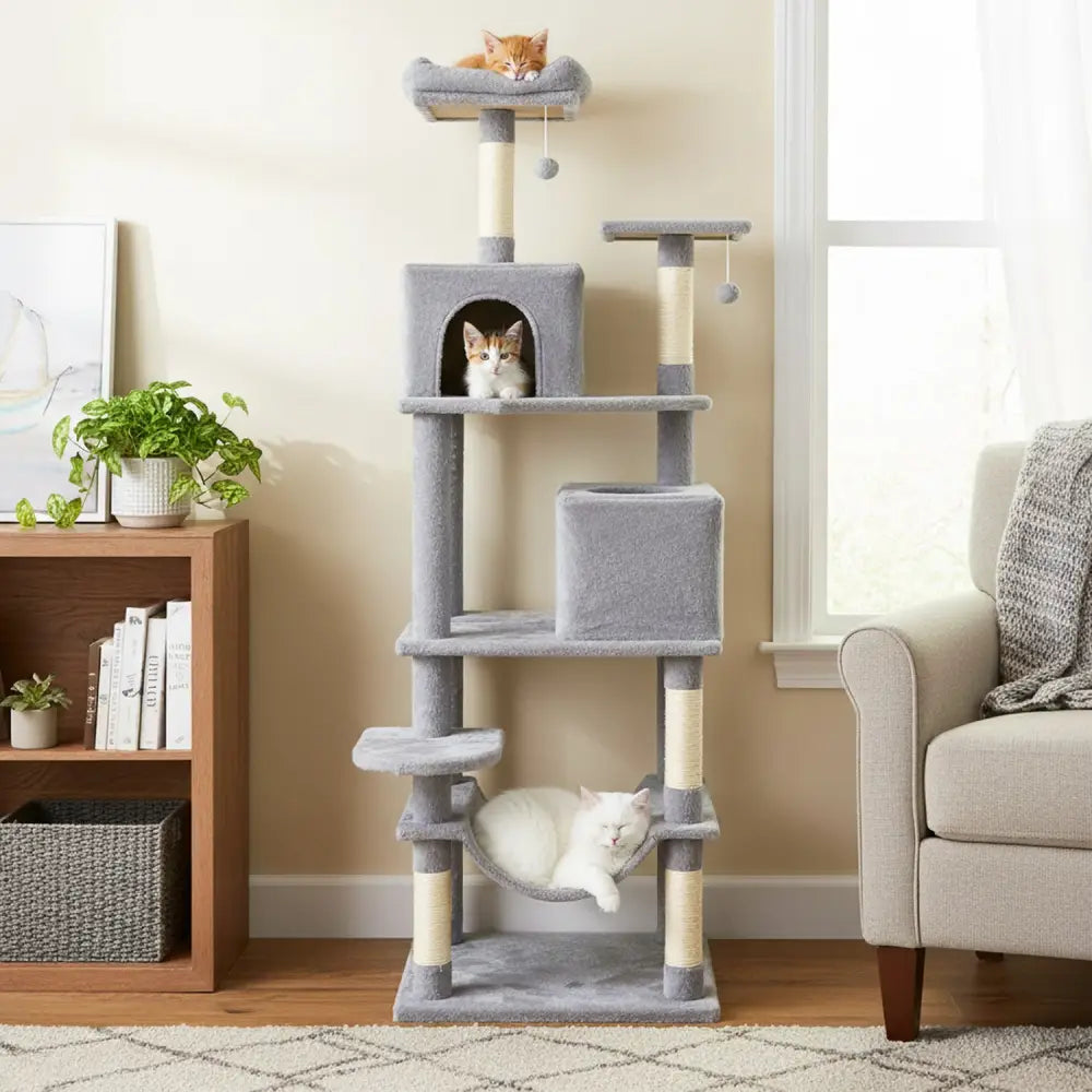 Multi-level Cat Tree Modern Cat Tower with Upholstered Perch and 2 Cat Condo-Gray - Gray - Cat Trees Condos & Scratchers