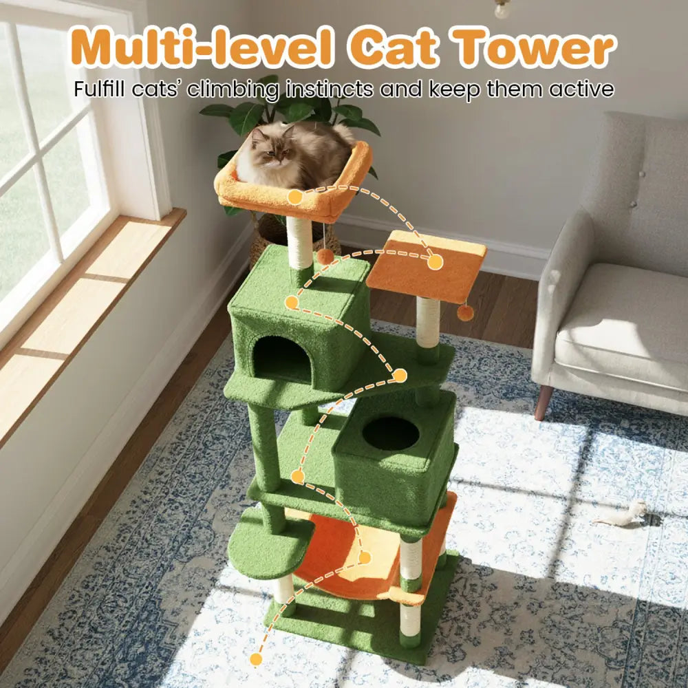 Multi-level Cat Tree Modern Cat Tower with Upholstered Perch and 2 Cat Condo-Green - Green - Cat Trees Condos &