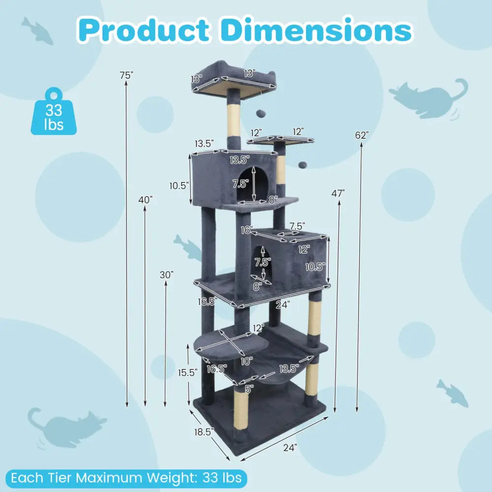 Multi-level Cat Tree Modern Cat Tower with Upholstered Perch and 2 Cat Condo-Dark Gray - Dark Gray - Cat Trees Condos &