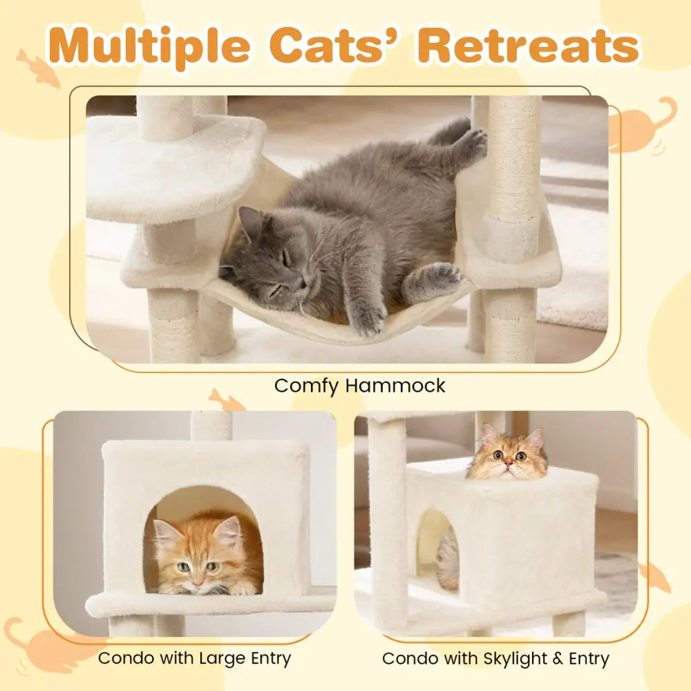 Multi-level Cat Tree Modern Cat Tower with Upholstered Perch and 2 Cat Condo-Beige - Beige - Cat Trees Condos &