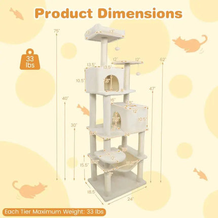Multi - level Cat Tree Modern Cat Tower with Upholstered Perch and 2 Cat Condo - Beige - Oasis Home Essentials