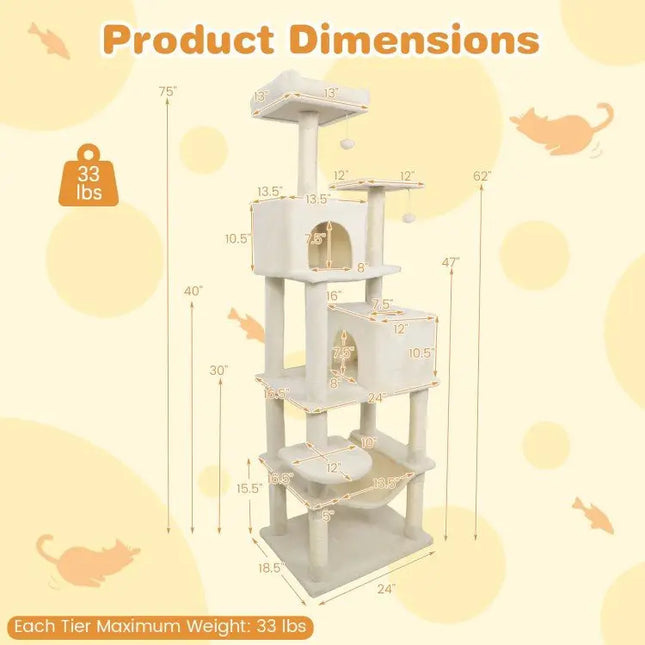 Multi - level Cat Tree Modern Cat Tower with Upholstered Perch and 2 Cat Condo - Beige - Oasis Home Essentials