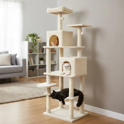 Multi - level Cat Tree Modern Cat Tower with Upholstered Perch and 2 Cat Condo - Beige - Oasis Home Essentials