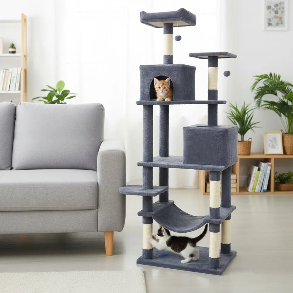 Multi-level Cat Tree Modern Cat Tower with Upholstered Perch and 2 Cat Condo-Dark Gray - Dark Gray - Cat Trees Condos &