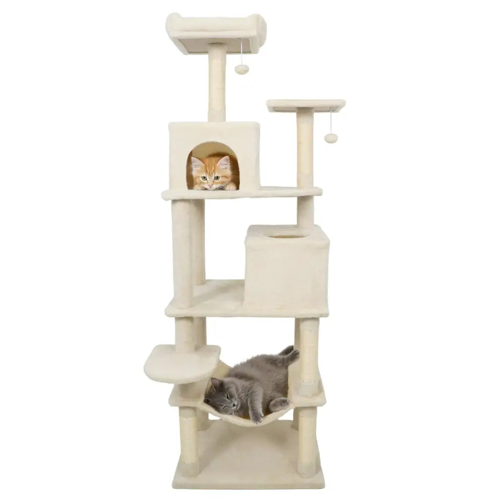 Multi-level Cat Tree Modern Cat Tower with Upholstered Perch and 2 Cat Condo-Beige - Beige - Cat Trees Condos &