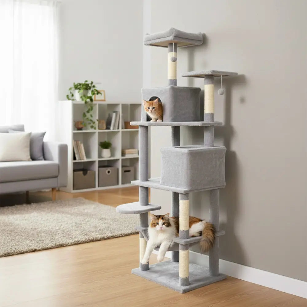 Multi-level Cat Tree Modern Cat Tower with Upholstered Perch and 2 Cat Condo-Gray - Gray - Cat Trees Condos & Scratchers