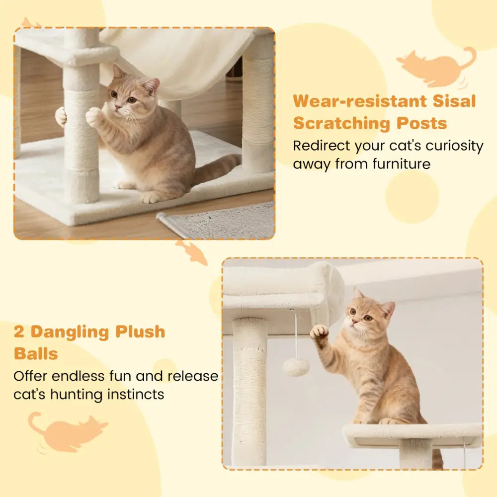 Multi-level Cat Tree Modern Cat Tower with Upholstered Perch and 2 Cat Condo-Beige - Beige - Cat Trees Condos &