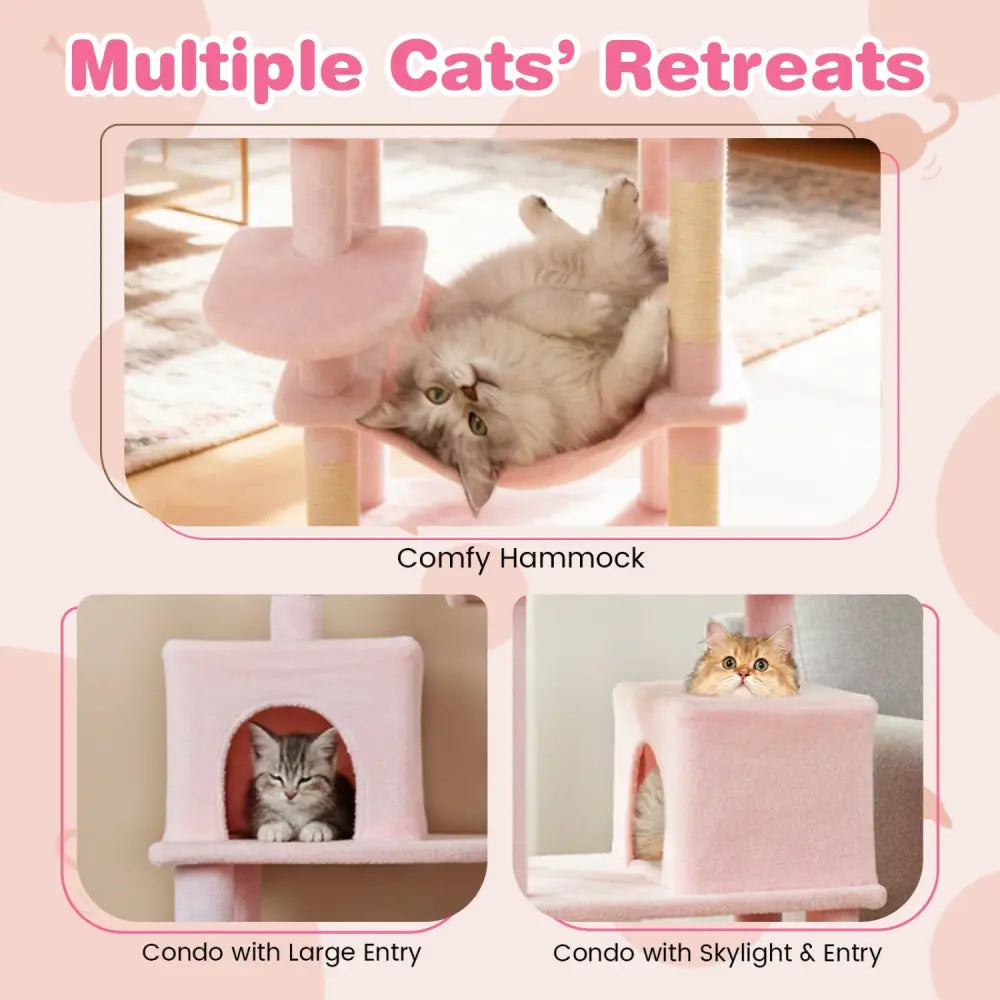 Multi-level Cat Tree Modern Cat Tower with Upholstered Perch and 2 Cat Condo-Pink - Pink - Cat Trees Condos & Scratchers