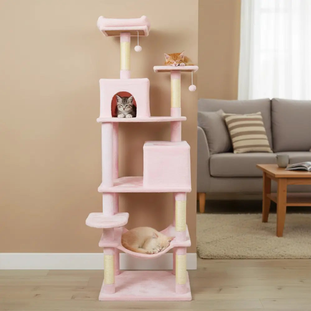 Multi-level Cat Tree Modern Cat Tower with Upholstered Perch and 2 Cat Condo-Pink - Pink - Cat Trees Condos & Scratchers