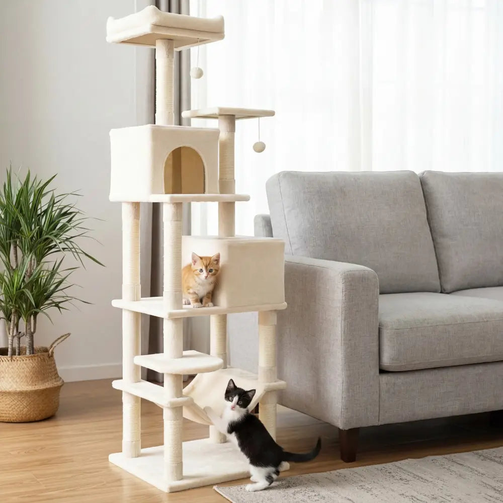 Multi-level Cat Tree Modern Cat Tower with Upholstered Perch and 2 Cat Condo-Beige - Beige - Cat Trees Condos &