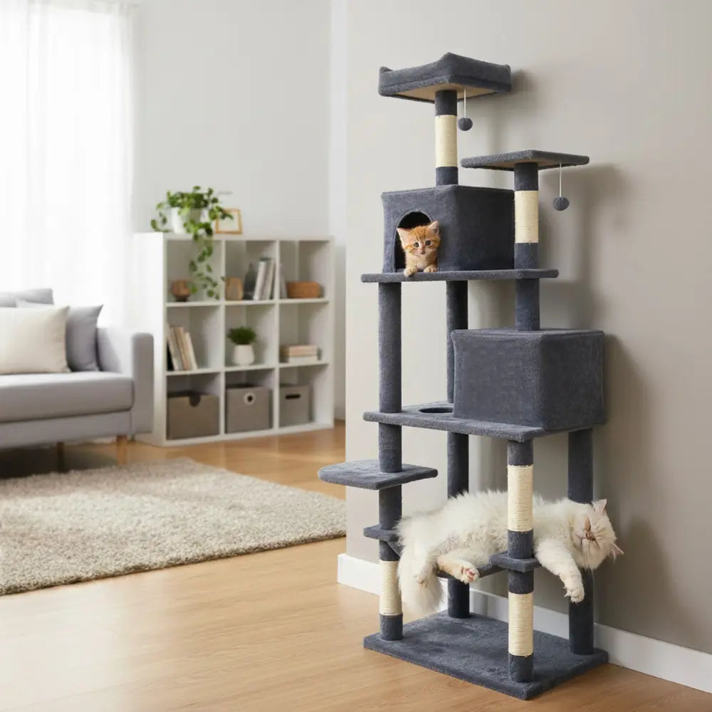 Multi-level Cat Tree Modern Cat Tower with Upholstered Perch and 2 Cat Condo-Dark Gray - Dark Gray - Cat Trees Condos &