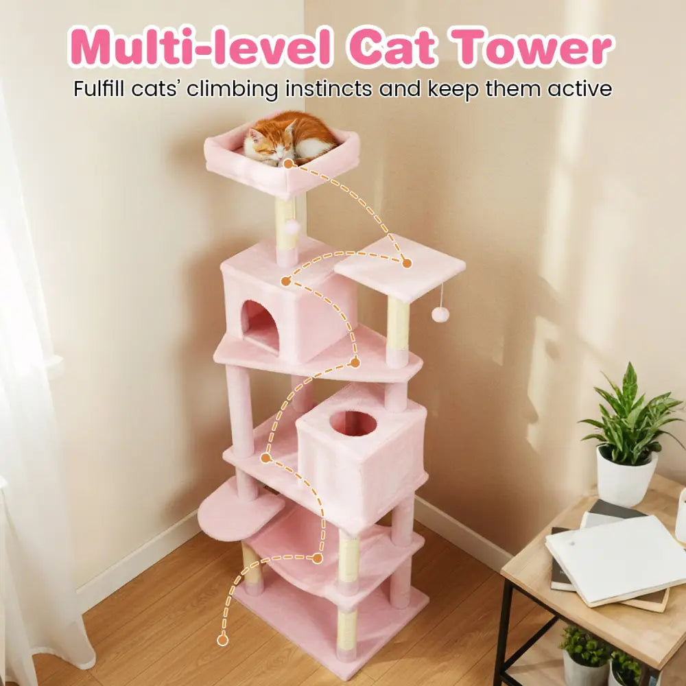 Multi-level Cat Tree Modern Cat Tower with Upholstered Perch and 2 Cat Condo-Pink - Pink - Cat Trees Condos & Scratchers