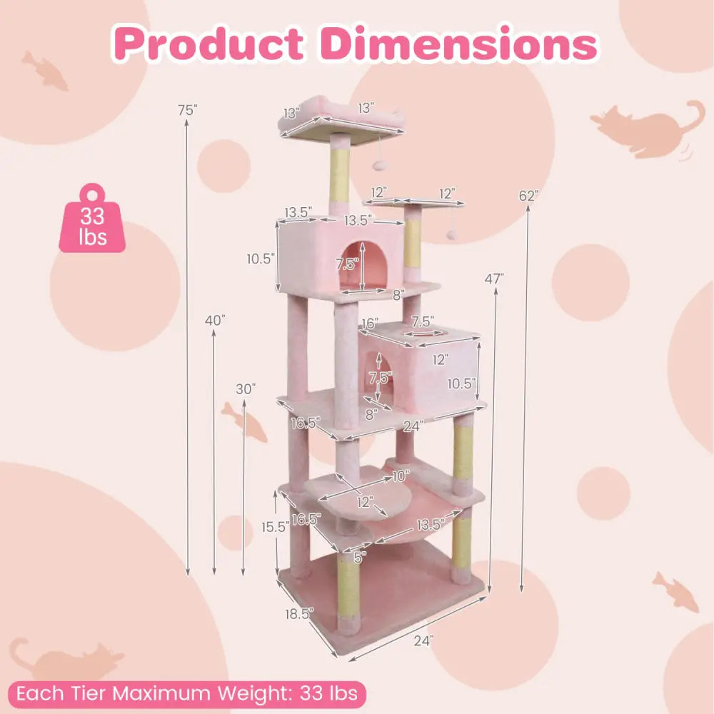 Multi-level Cat Tree Modern Cat Tower with Upholstered Perch and 2 Cat Condo-Pink - Pink - Cat Trees Condos & Scratchers
