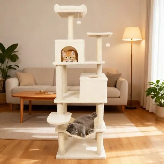 Multi - level Cat Tree Modern Cat Tower with Upholstered Perch and 2 Cat Condo - Beige - Oasis Home Essentials