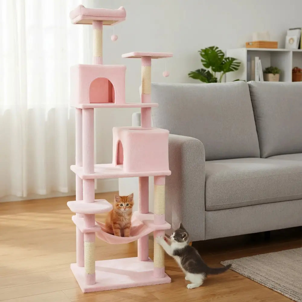Multi-level Cat Tree Modern Cat Tower with Upholstered Perch and 2 Cat Condo-Pink - Pink - Cat Trees Condos & Scratchers