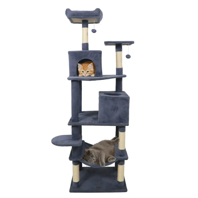 Multi-level Cat Tree Modern Cat Tower with Upholstered Perch and 2 Cat Condo-Dark Gray - Dark Gray - Cat Trees Condos &