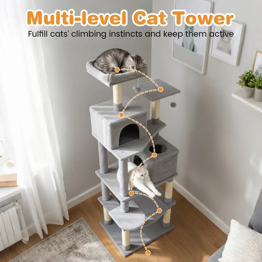 Multi-level Cat Tree Modern Cat Tower with Upholstered Perch and 2 Cat Condo-Gray - Gray - Cat Trees Condos & Scratchers