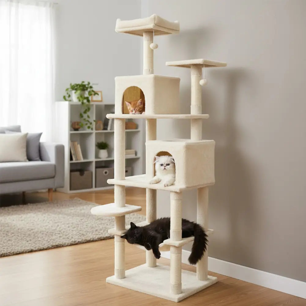 Multi-level Cat Tree Modern Cat Tower with Upholstered Perch and 2 Cat Condo-Beige - Beige - Cat Trees Condos &