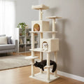 Multi-level Cat Tree Modern Cat Tower with Upholstered Perch and 2 Cat Condo-Beige - Beige - Cat Trees Condos &
