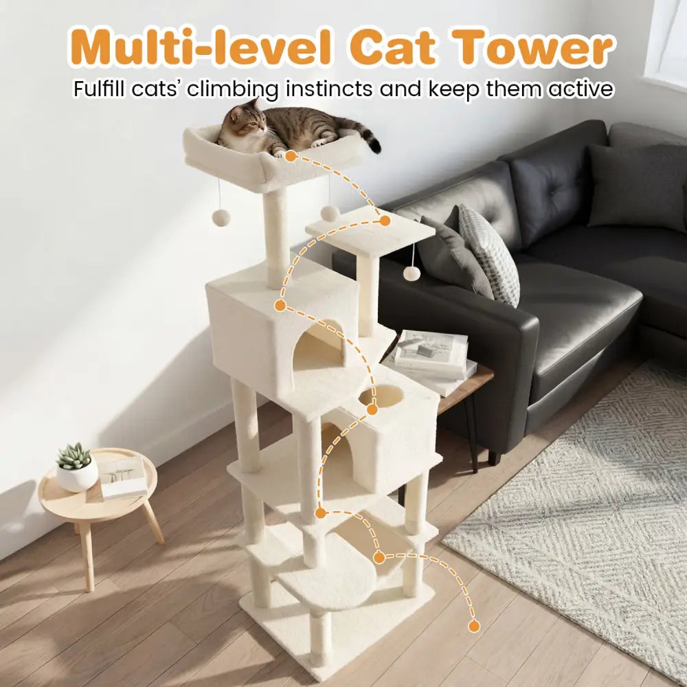 Multi-level Cat Tree Modern Cat Tower with Upholstered Perch and 2 Cat Condo-Beige - Beige - Cat Trees Condos &