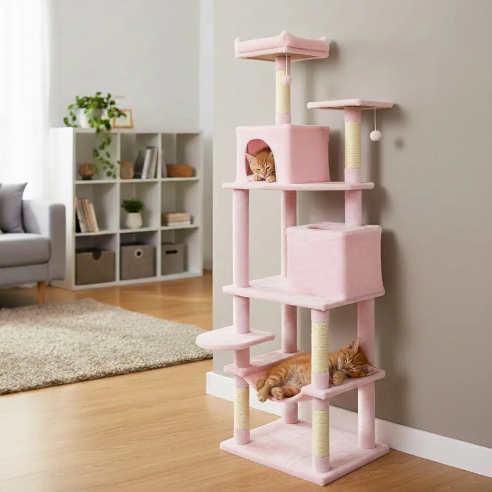 Multi-level Cat Tree Modern Cat Tower with Upholstered Perch and 2 Cat Condo-Pink - Pink - Cat Trees Condos & Scratchers