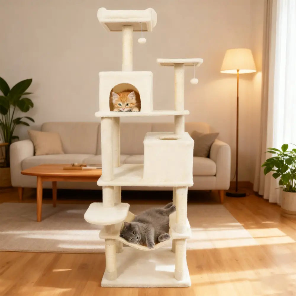 Multi-level Cat Tree Modern Cat Tower with Upholstered Perch and 2 Cat Condo-Beige - Beige - Cat Trees Condos &
