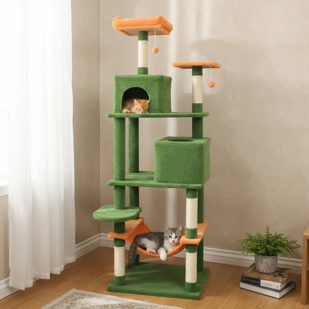 Multi-level Cat Tree Modern Cat Tower with Upholstered Perch and 2 Cat Condo-Green - Green - Cat Trees Condos &