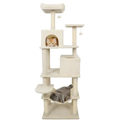 Multi - level Cat Tree Modern Cat Tower with Upholstered Perch and 2 Cat Condo - Beige - Oasis Home Essentials