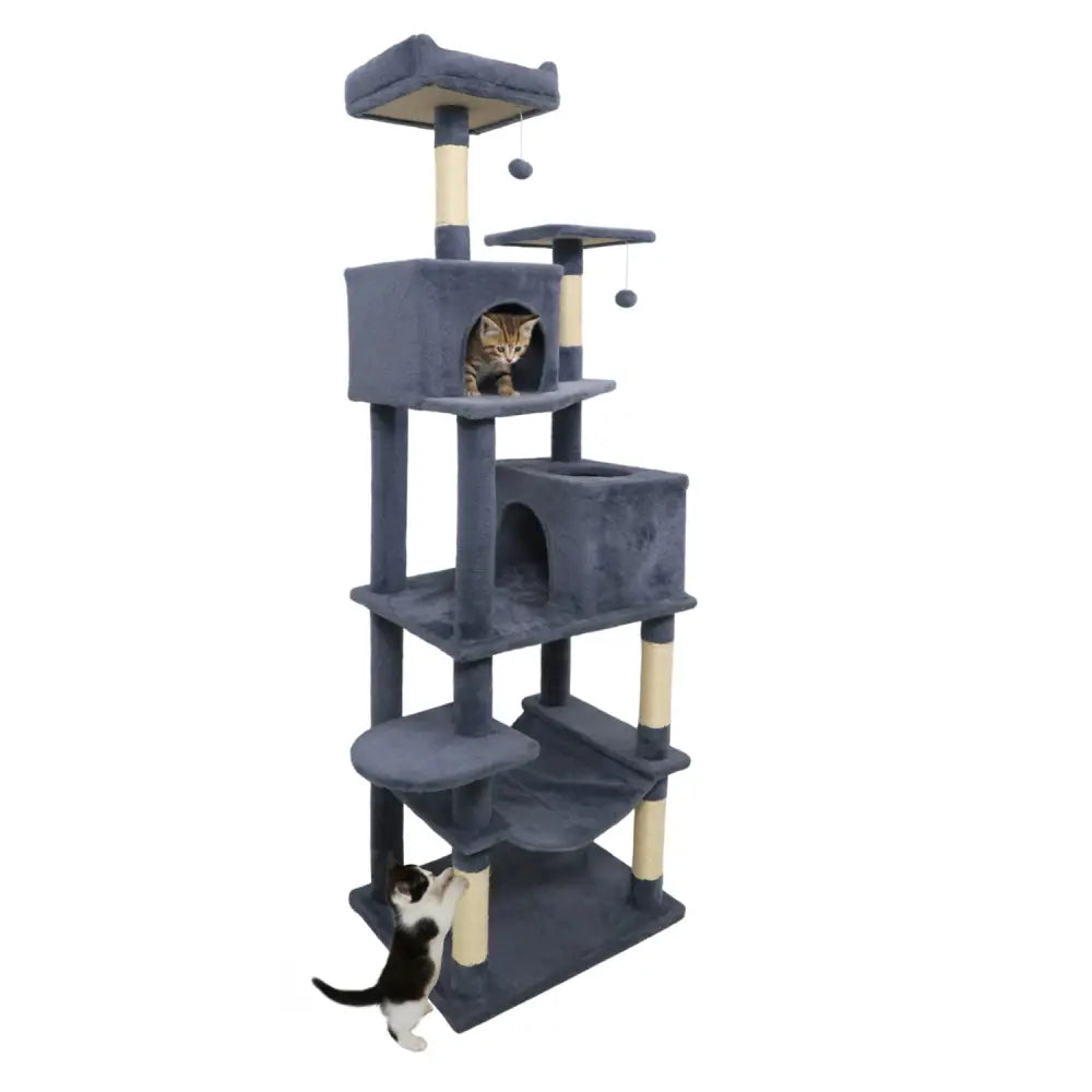 Multi-level Cat Tree Modern Cat Tower with Upholstered Perch and 2 Cat Condo-Dark Gray - Dark Gray - Cat Trees Condos &