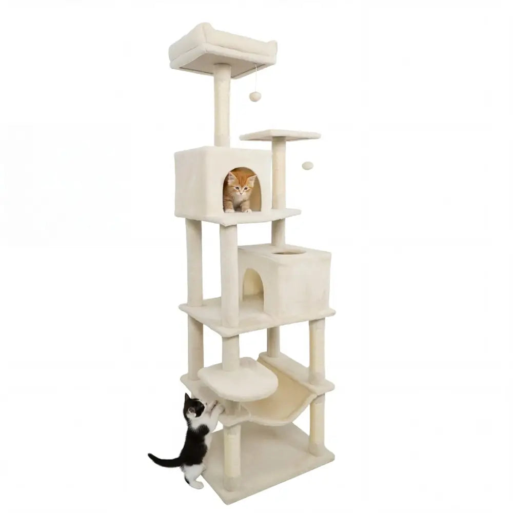 Multi-level Cat Tree Modern Cat Tower with Upholstered Perch and 2 Cat Condo-Beige - Beige - Cat Trees Condos &