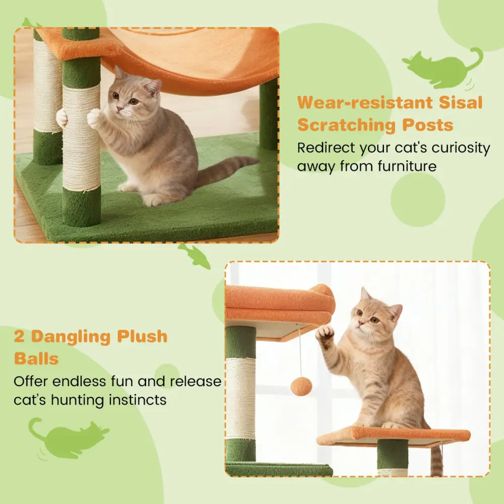 Multi-level Cat Tree Modern Cat Tower with Upholstered Perch and 2 Cat Condo-Green - Green - Cat Trees Condos &