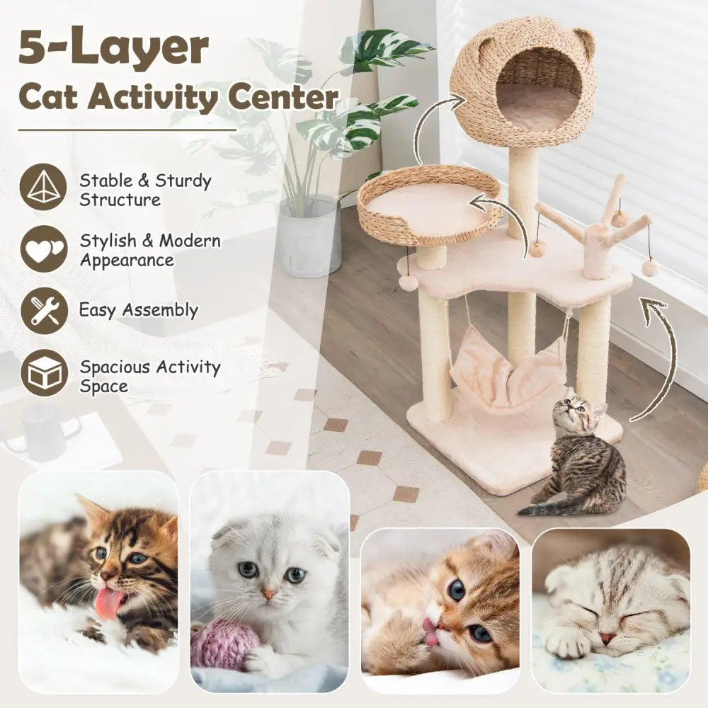 Multi-Level Cat Tree with Condo Hammock and Rotatable Hanging Balls-Natural - Natural - Cat Trees Condos & Scratchers