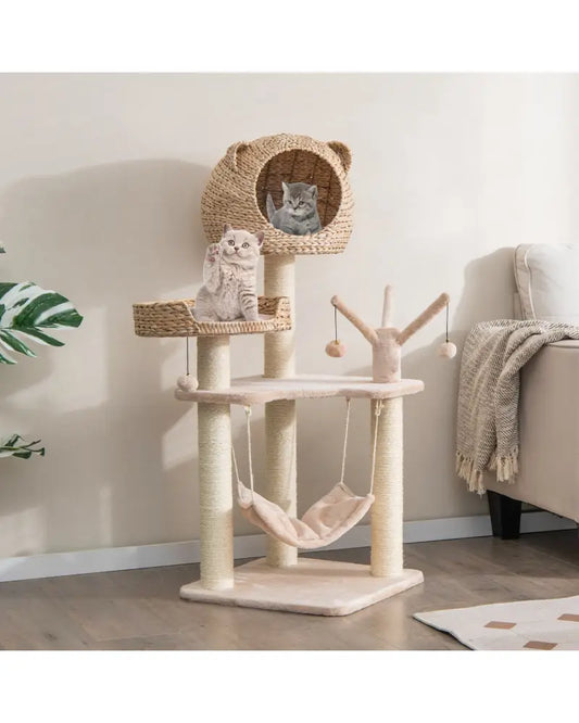 Multi-Level Cat Tree with Condo Hammock and Rotatable Hanging Balls-Natural - Natural - Cat Trees Condos & Scratchers