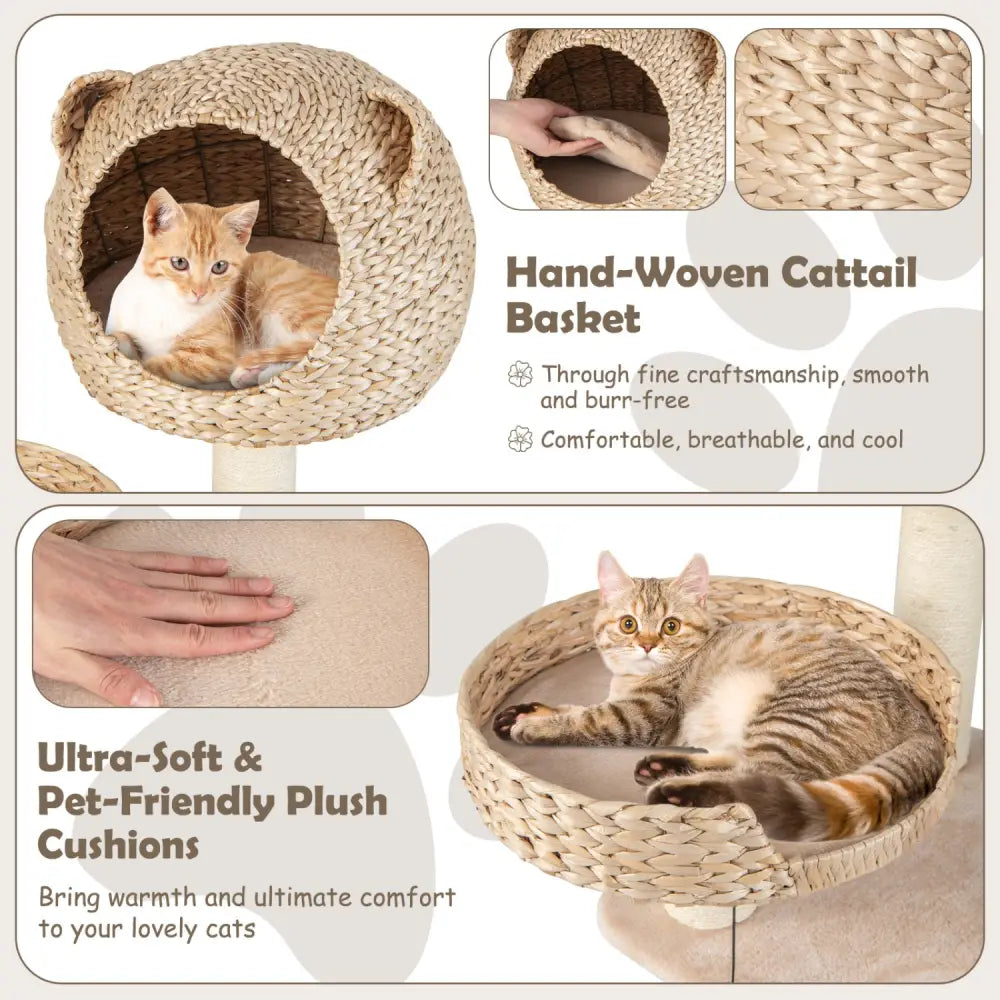 Multi-Level Cat Tree with Condo Hammock and Rotatable Hanging Balls-Natural - Natural - Cat Trees Condos & Scratchers